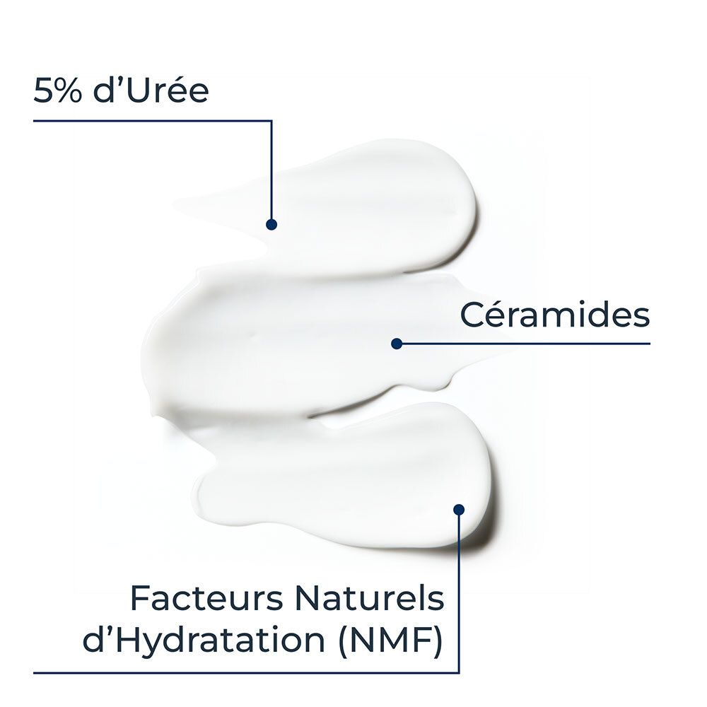 Trois traits de crème. Texte : 5% d'Urée, Céramides, Facteurs Naturels d'Hydratation (NMF).