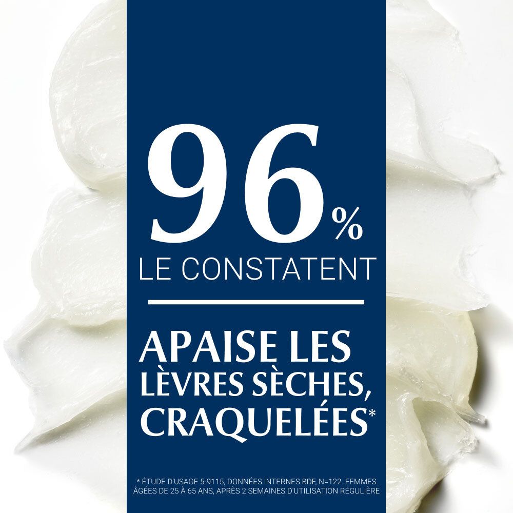 Texte: 96% le constatent. Apaise les lèvres sèches, craquelées. Graphique avec crème blanche.