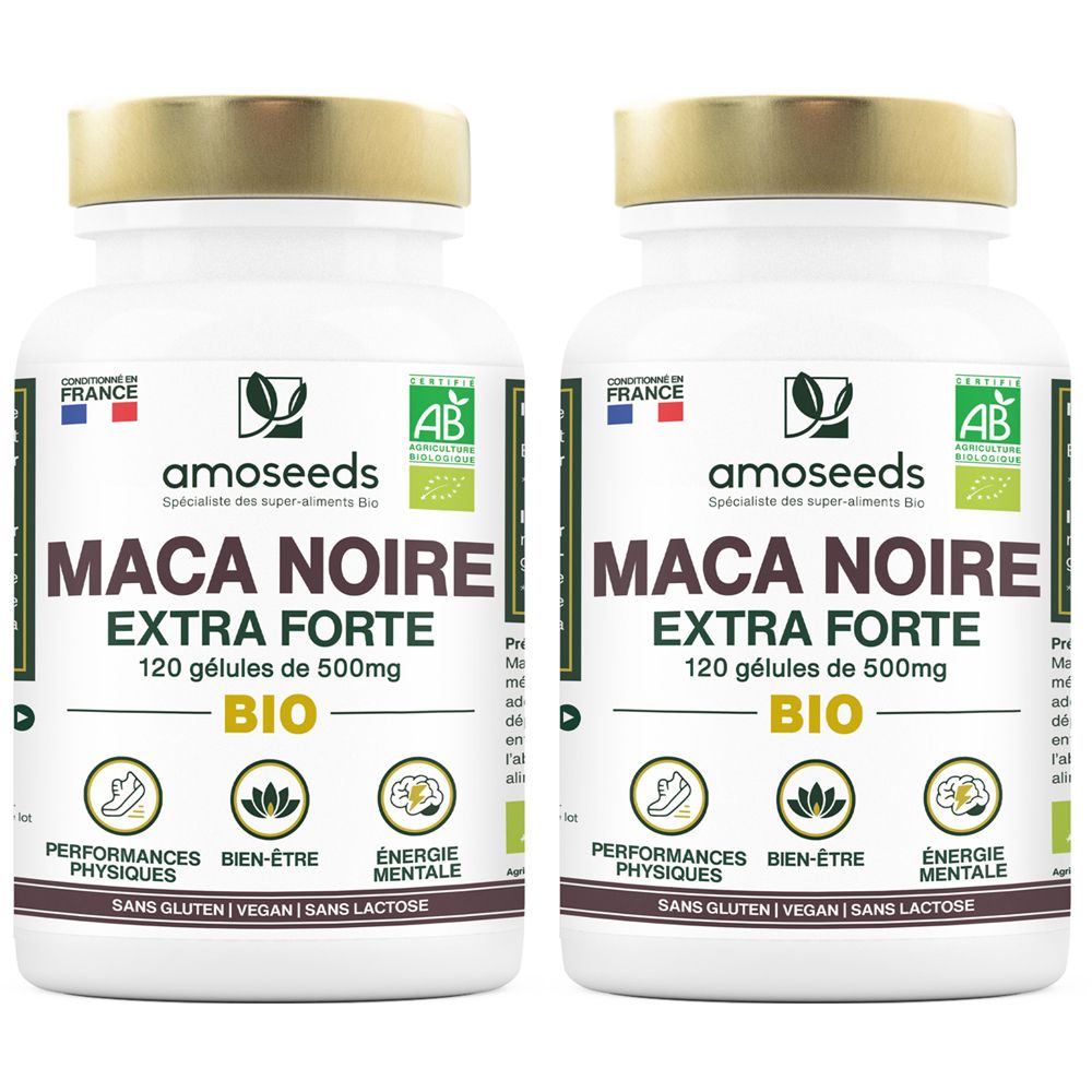 Deux flacons blancs avec couvercles dorés. Inscription: AMOSEEDS Maca Noire Extra Forte, Bio. Avec label AB et logo français.