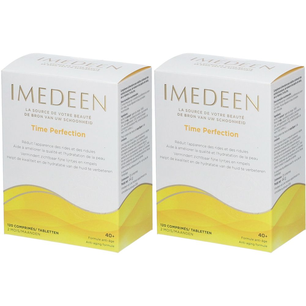 Deux boîtes de IMEDEEN Time Perfection. Emballage blanc avec texte doré. Contient 120 comprimés. Formule anti-âge.