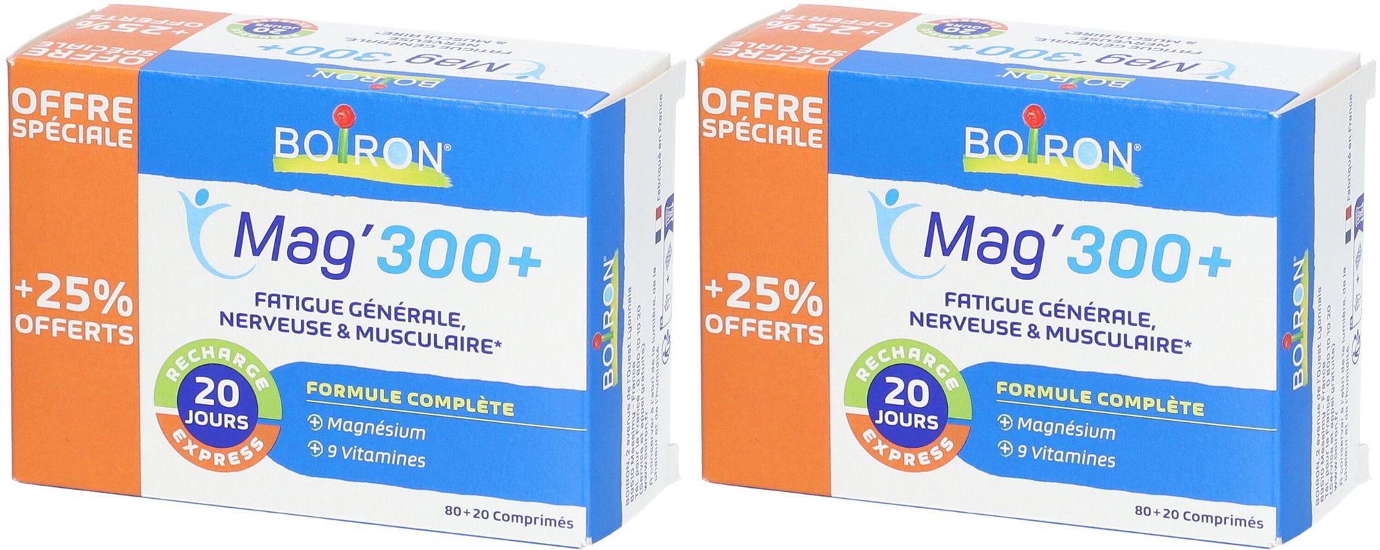 Deux boîtes BOIRON Mag'300+. Emballage bleu et blanc avec texte. Impression orange avec "+25% OFFERS".