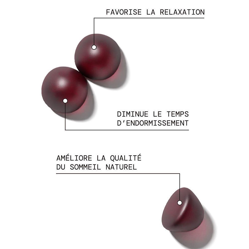 Trois gummies rouge foncé, dont un triangulaire, avec des indications sur la relaxation et le sommeil.