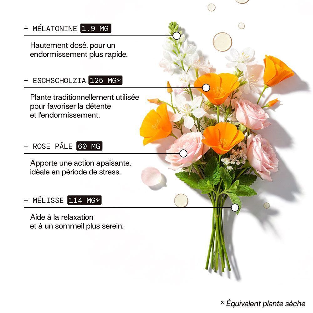 Bouquet de fleurs avec texte. Contient MÉLATONINE 1,9 mg, ESCHSCHOLZIA 125 mg, ROSE PÂLE 60 mg, MÉLISSE 114 mg.