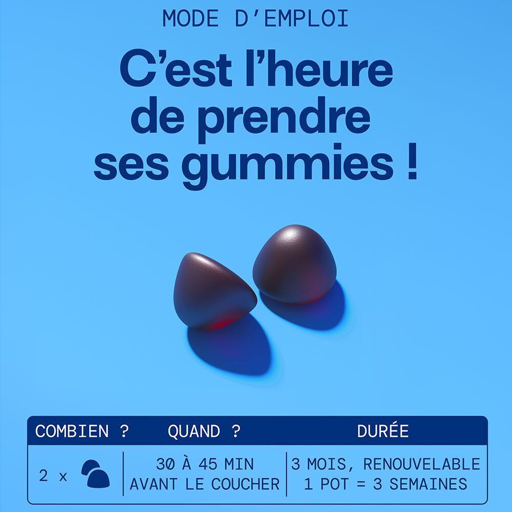 Deux gummies rouge foncé sur fond bleu avec des instructions d'utilisation.