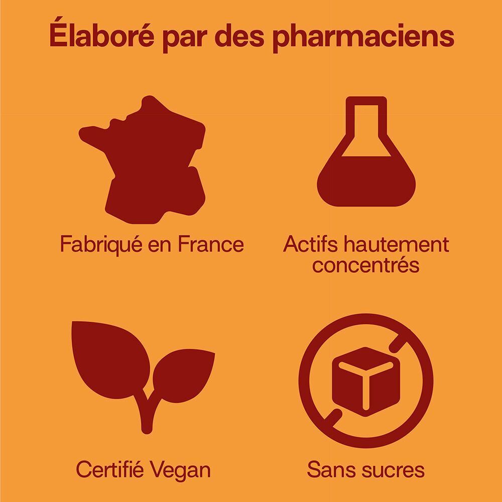 Graphique orange avec symboles et texte. Contient : Fabriqué en France, actifs hautement concentrés, certifié Vegan, sans sucres.