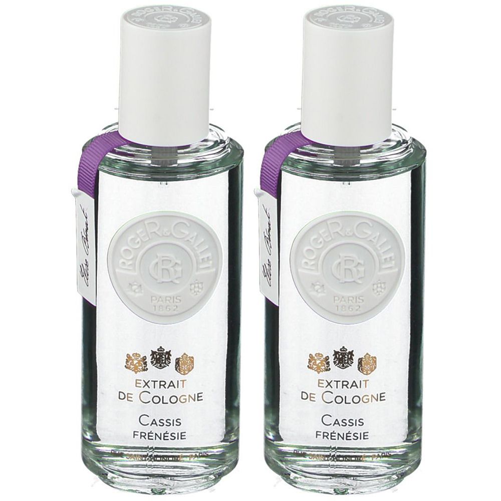 Deux flacons en verre avec bouchon blanc et ruban violet. Inscription: Extrait de Cologne, Cassis Frénésie. Marque: Roger & Gallet.