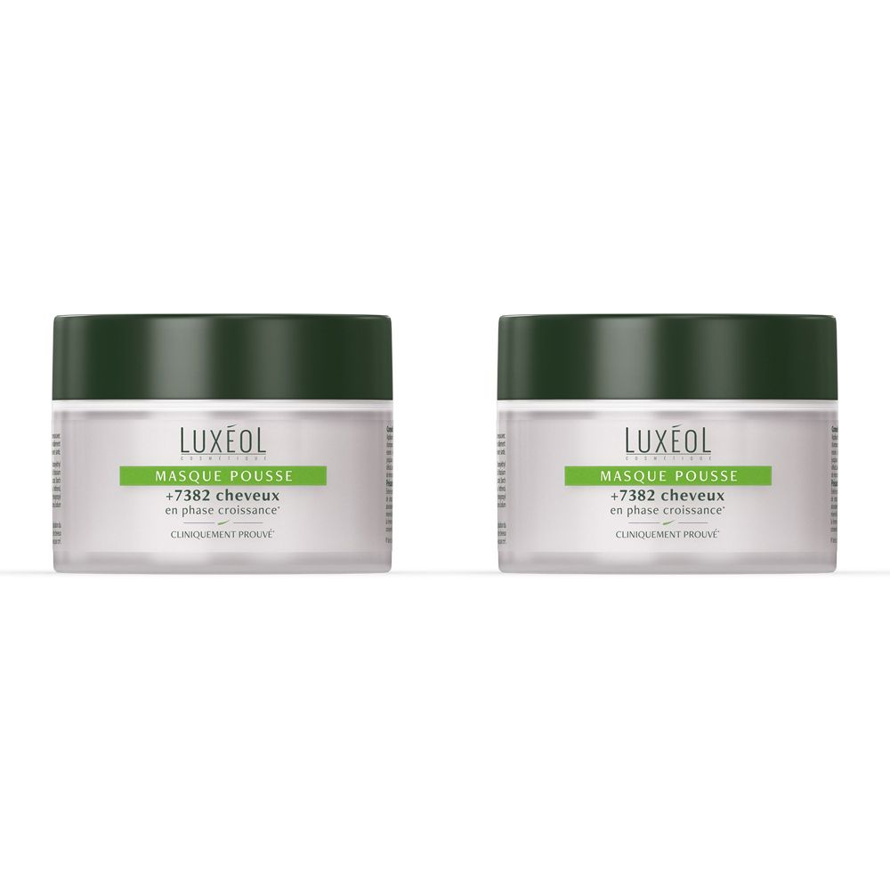 Deux Luxéol Masque Pousse en pots transparents avec couvercles vert foncé.