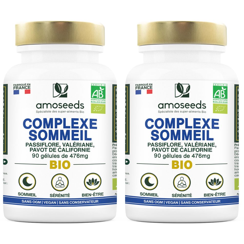 Deux flacons blancs avec couvercles dorés. Inscription: amoseeds COMPLEXE SOMMEIL BIO. Avec label AB et label d'origine France.