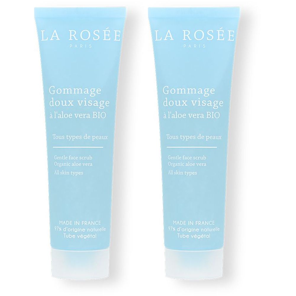 Deux tubes bleus clairs. Inscription : LA ROSÉE, Gommage doux visage à l'aloe vera BIO. Tous types de peaux. Gommage doux.