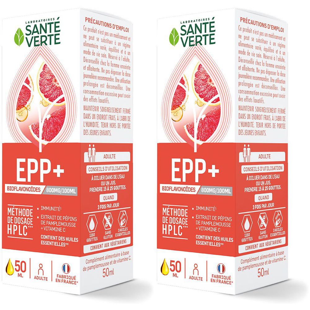 Deux boîtes de Santé Verte EPP+. Emballage blanc et rouge avec texte et graphiques. Contient 50 ml. Ingrédients et conseils d'utilisation.