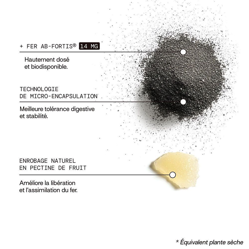 Ingrédients: + FER AB-FORTIS 14 MG, micro-encapsulation, enrobage naturel en pectine de fruit.