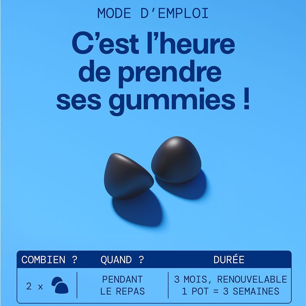 Deux gummies noirs sur fond bleu. Texte: Quand ? Pendant le repas. Durée: 3 mois.