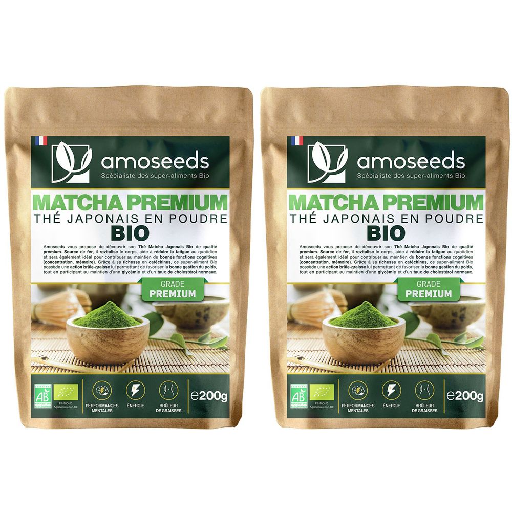 Deux paquets de Matcha Premium Thé japonais en poudre bio. Inscriptions: amoseeds, BIO, Premium, e200g.