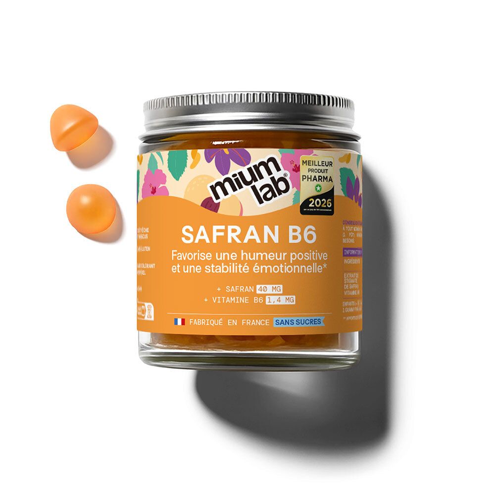 Pot de gummies orange. Inscription: Safran B6, Favorise une humeur positive. Avec certifications.