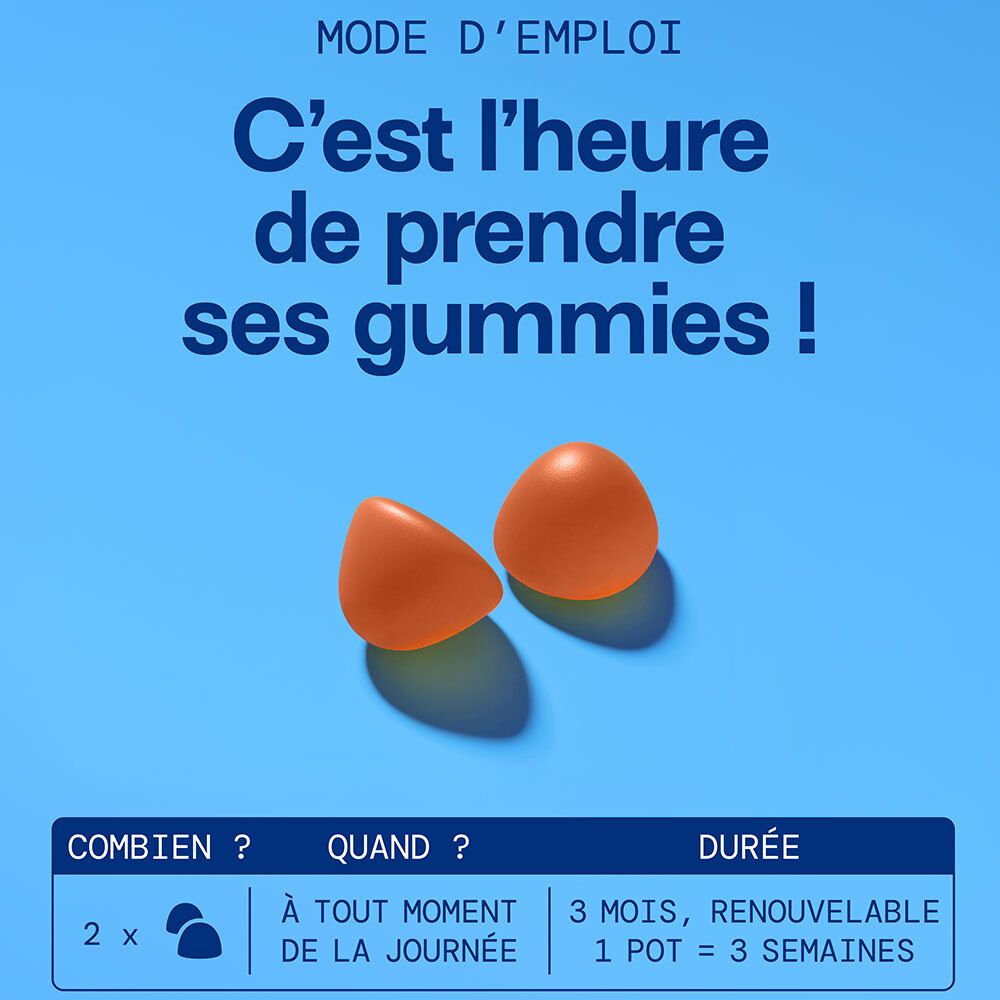 Deux gummies oranges sur fond bleu. Texte: C'est l'heure de prendre ses gummies! Informations de dosage.