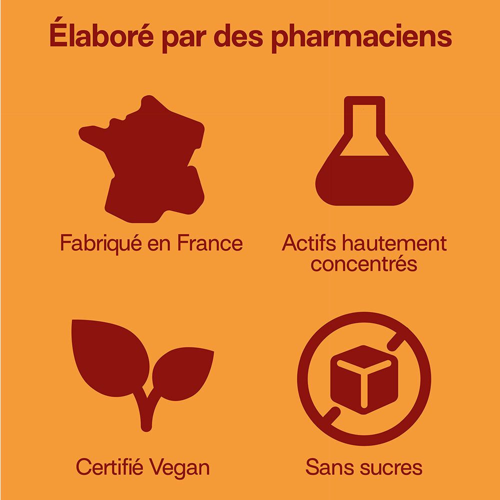 Icônes sur fond orange. Fabriqué en France, actifs hautement concentrés, vegan, sans sucres.