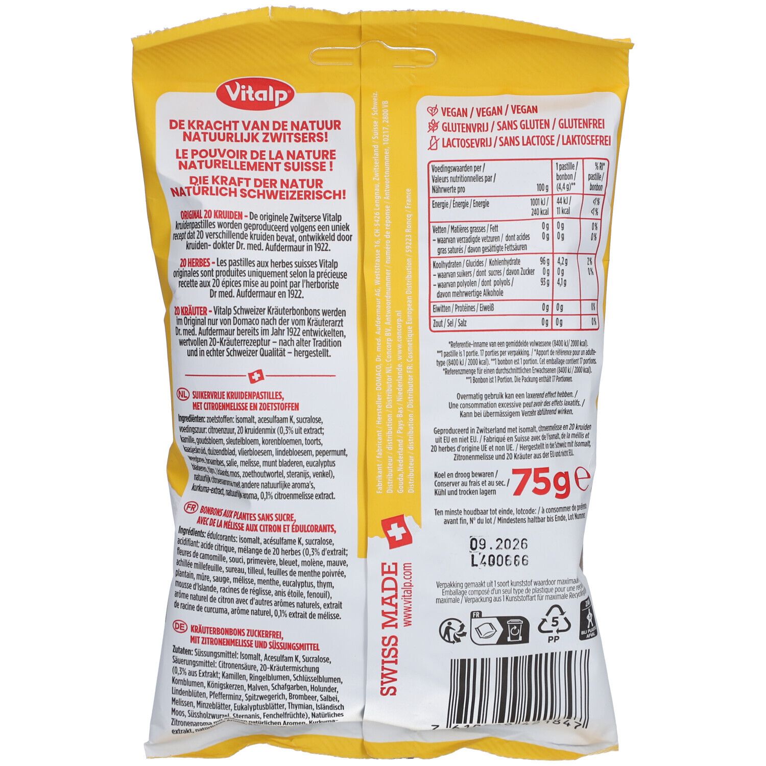 Dos du sachet jaune VITALP. Texte en allemand, français et italien. Contient des informations nutritionnelles et un code-barres.