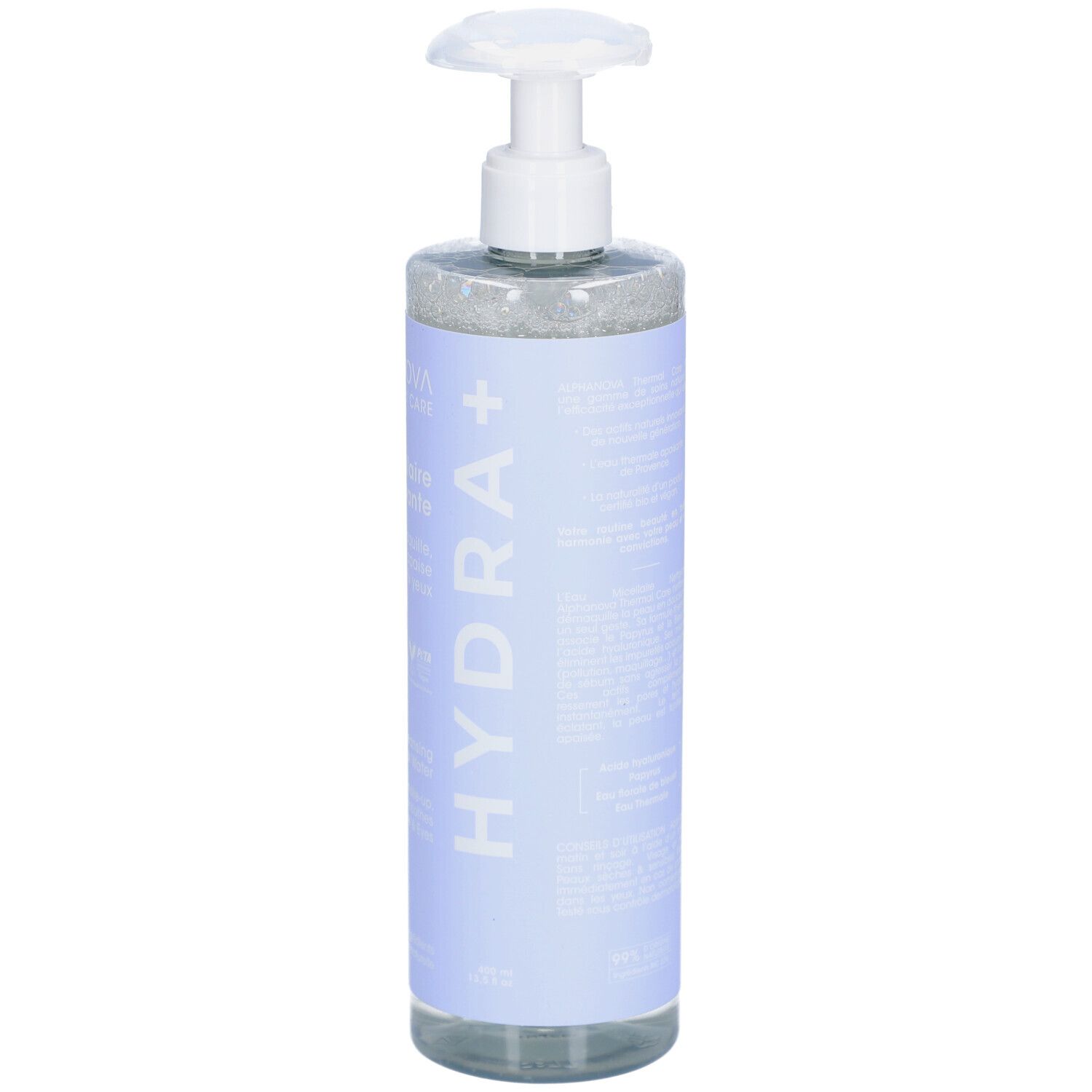 ALPHANOVA Eau Micellaire Nettoyante. Flacon avec pompe. Étiquette bleue avec texte et logo.