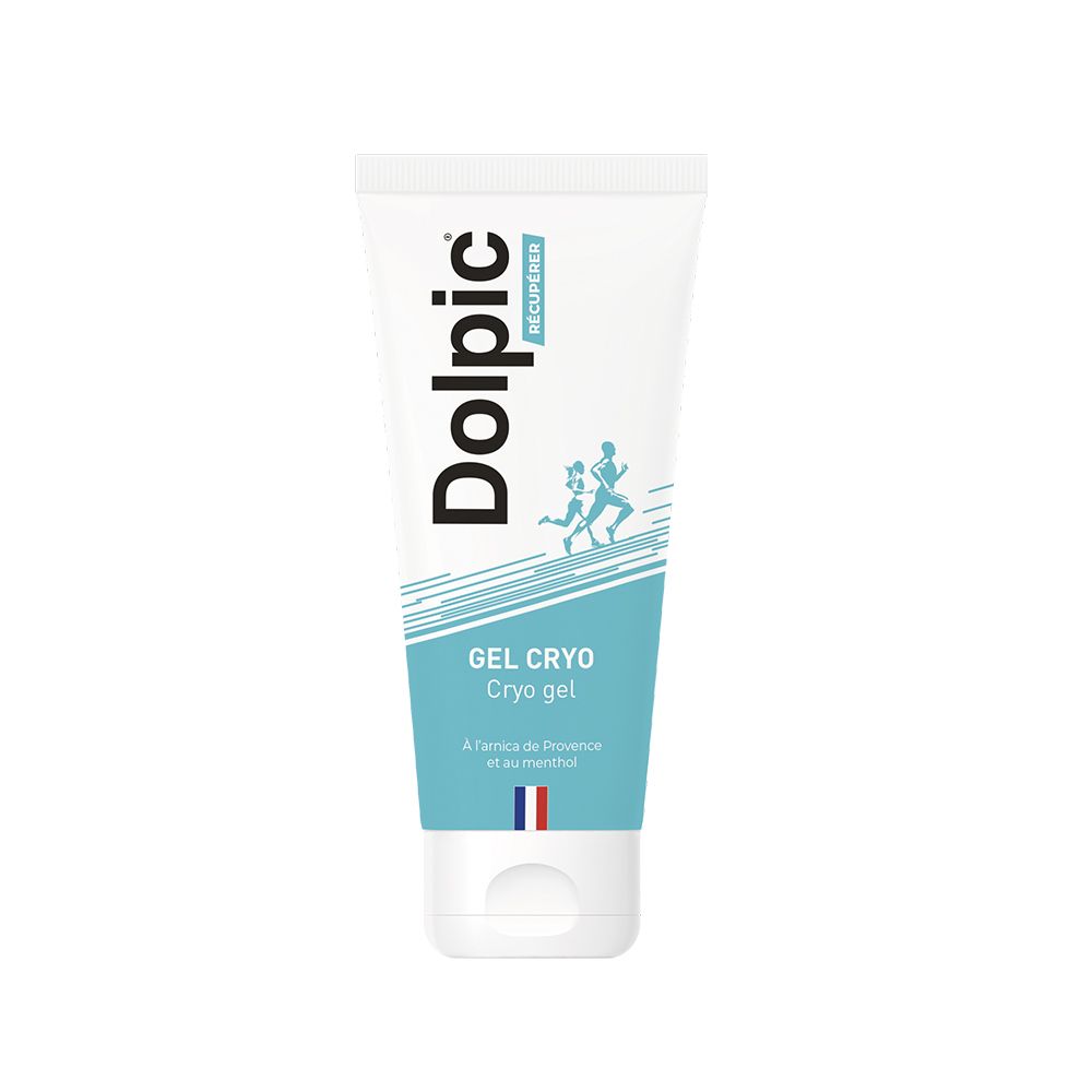 Tube blanc et bleu avec impression du produit. Inscription "Dolpic" et "Gel Cryo". Drapeau français en bas.