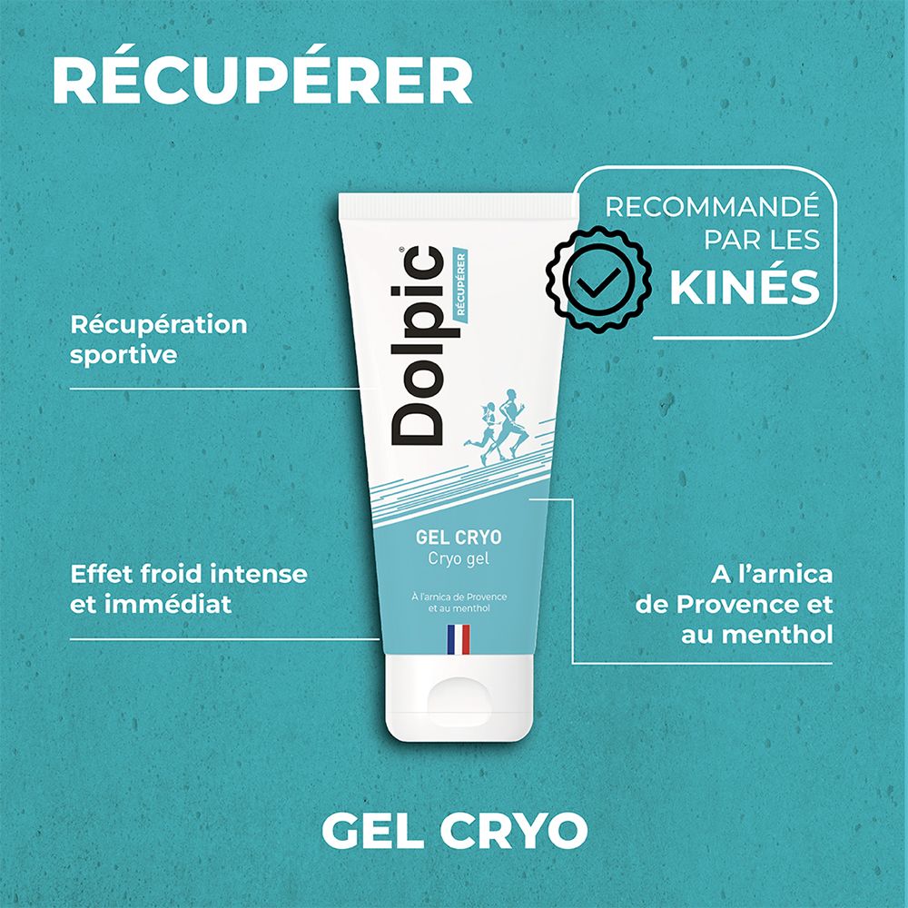 Tube de produit avec texte et graphiques. Texte : "Récupérer", "Gel Cryo". Logo "Recommandé par les kinés".