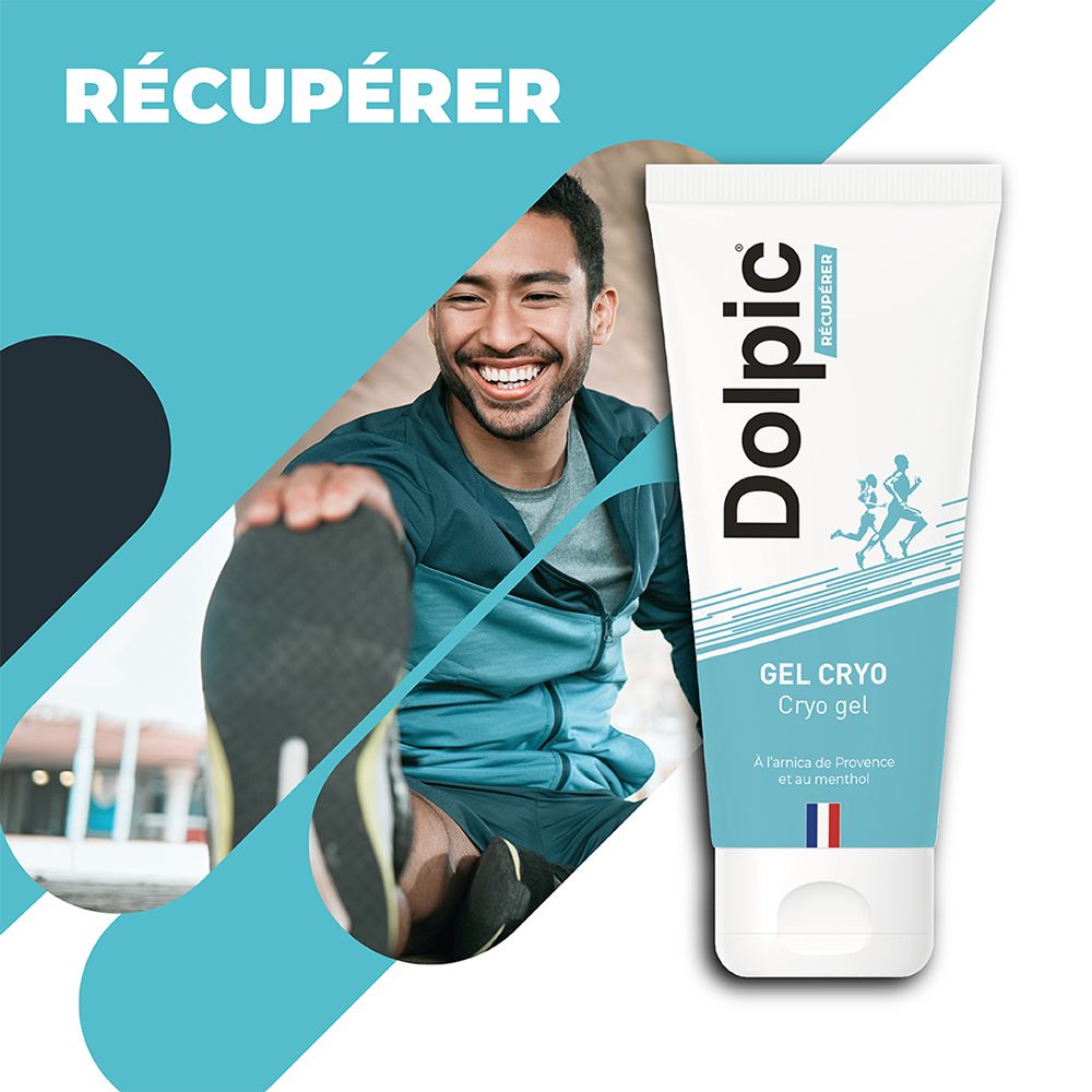 Homme s'étirant, à côté d'un tube de produit. Texte : "Récupérer", "Gel Cryo".