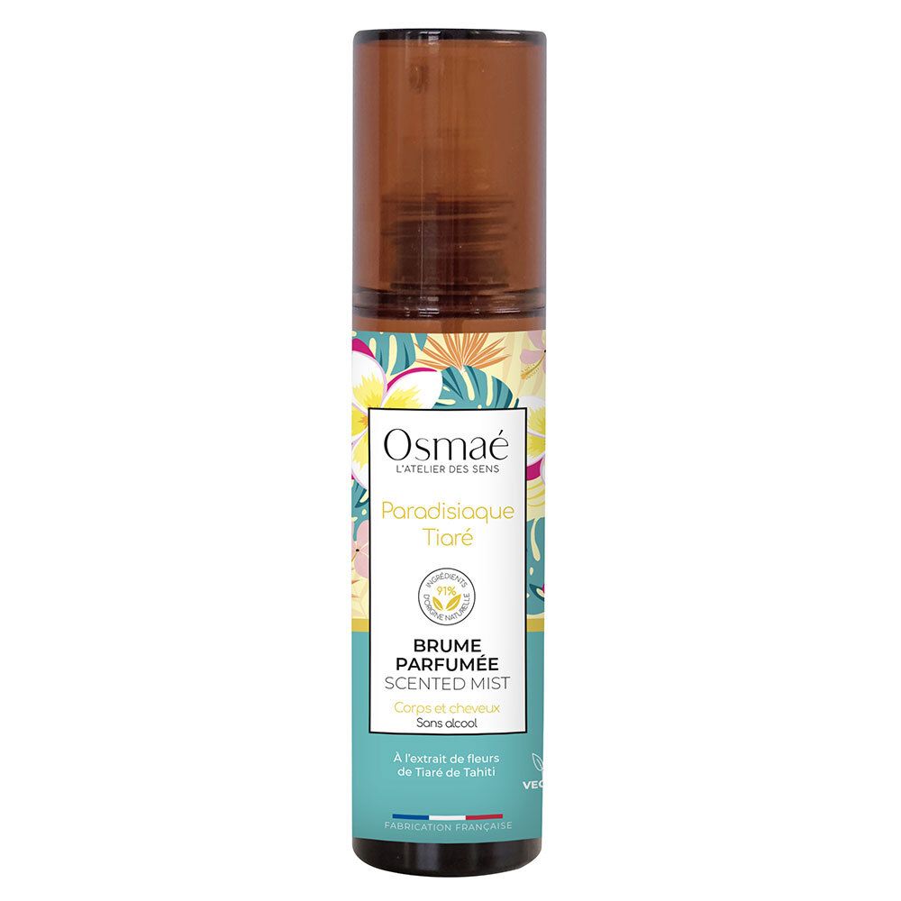 OSMAE Brume Parfumée Paradisiaque Tiaré. Flacon vaporisateur avec bouchon marron. Étiquette avec motif floral et informations produit.