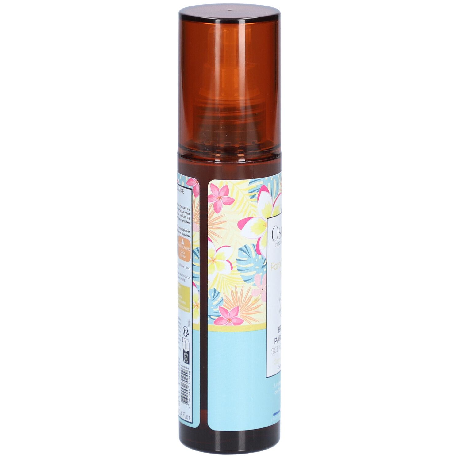Flacon spray marron, vue latérale. Étiquette imprimée florale. Texte: OSMAE, Paradisiaque Tiaré, Brume Parfumée, Scented Mist.