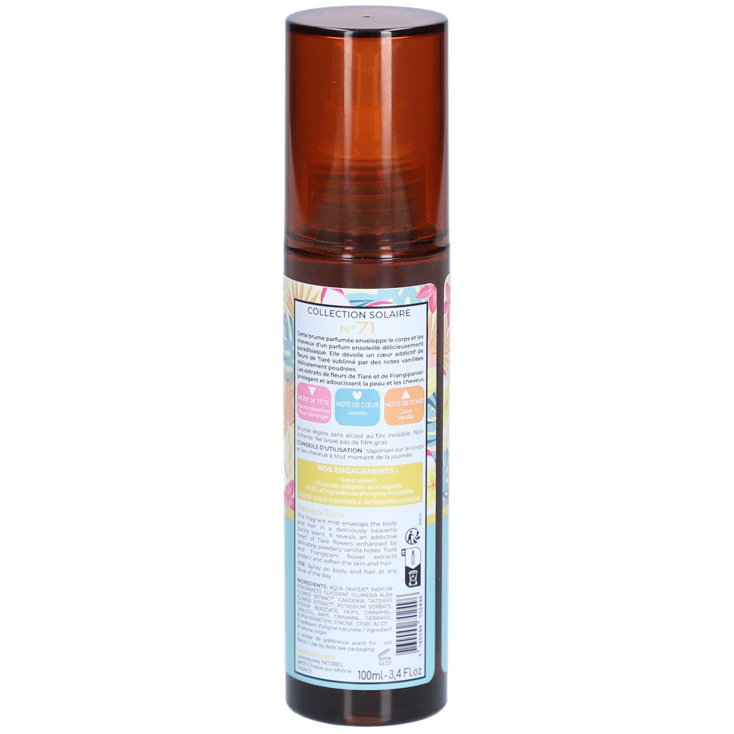 Flacon spray marron, vue arrière. Étiquette avec texte et motif floral. Texte: COLLECTION SOLAIRE, 100ml-3.4 Fl.oz.