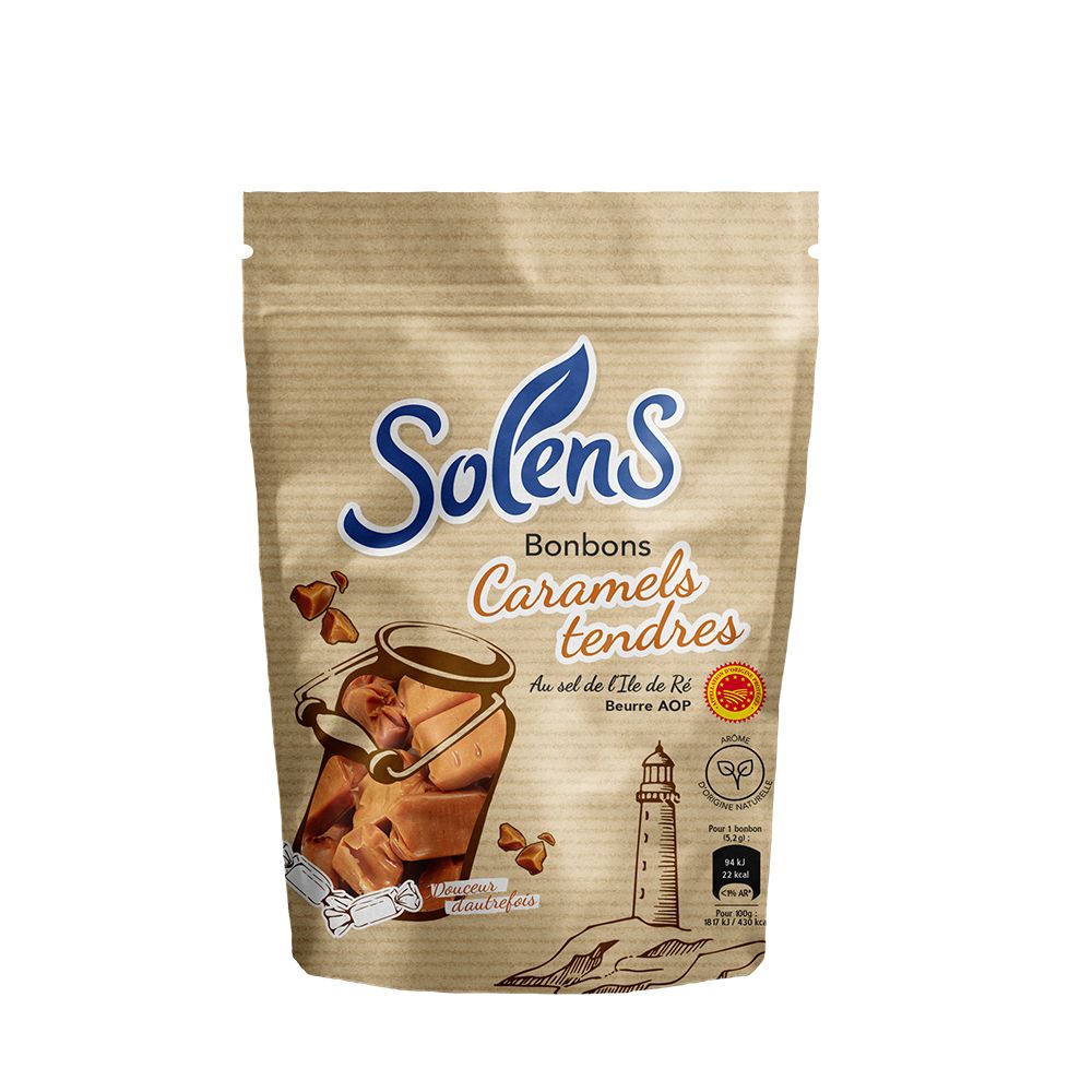 Sachet de bonbons SOLENS. Inscription du nom du produit, logo et illustration de caramels en pot. Sceau.