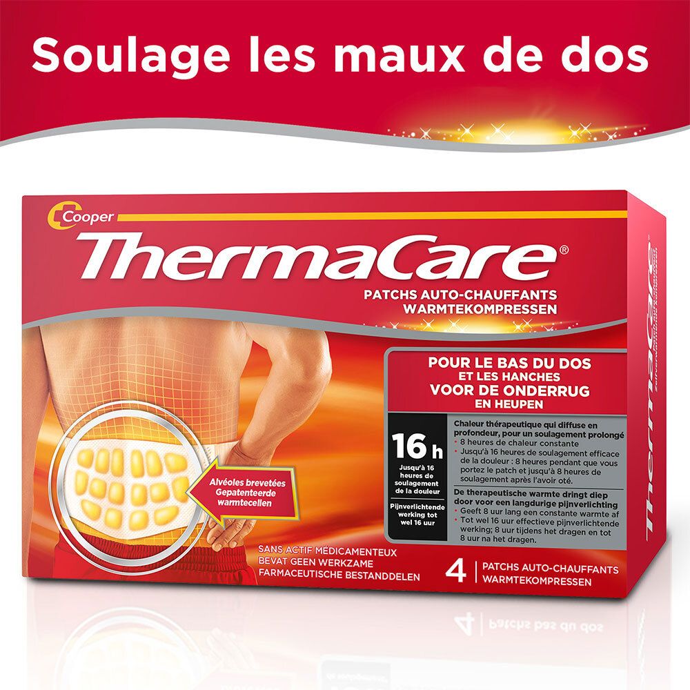 Boîte de 4 patchs auto-chauffants ThermaCare pour le bas du dos. Emballage rouge avec illustration et textes multilingues.