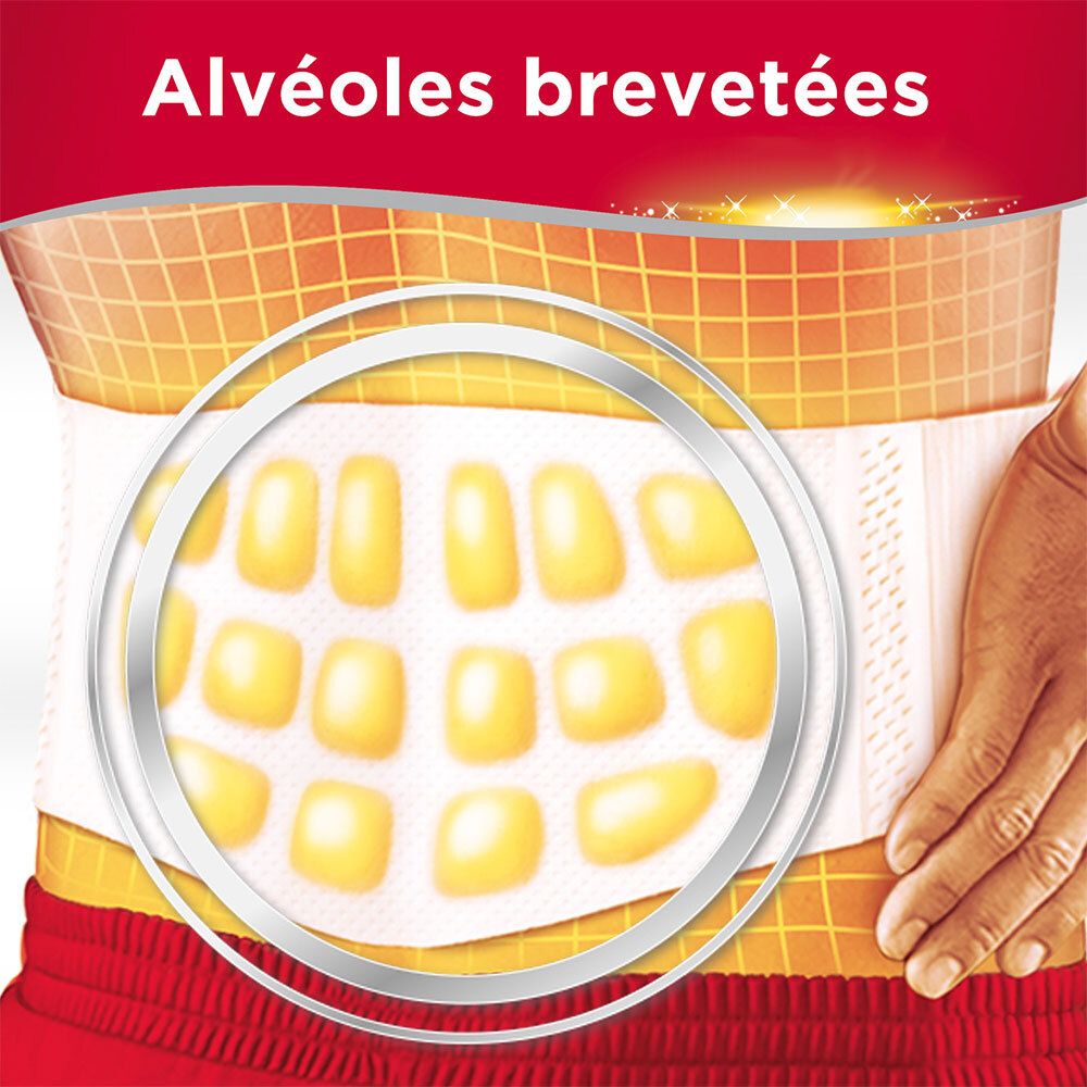 Gros plan sur les alvéoles brevetées du patch ThermaCare. Éléments ovales jaunes sur support blanc.