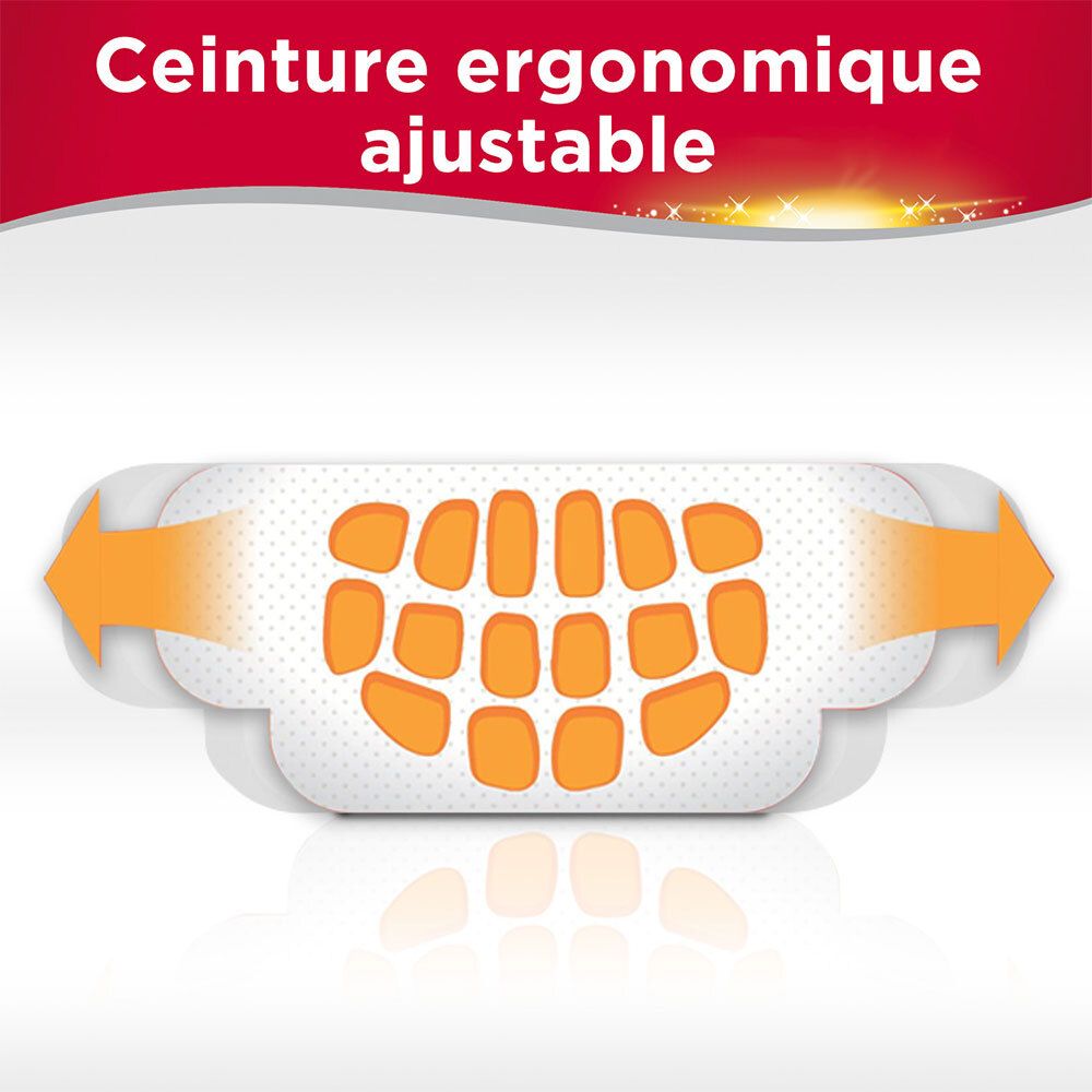 Ceinture ergonomique ajustable avec éléments chauffants oranges. Flèches indiquant l'ajustement.