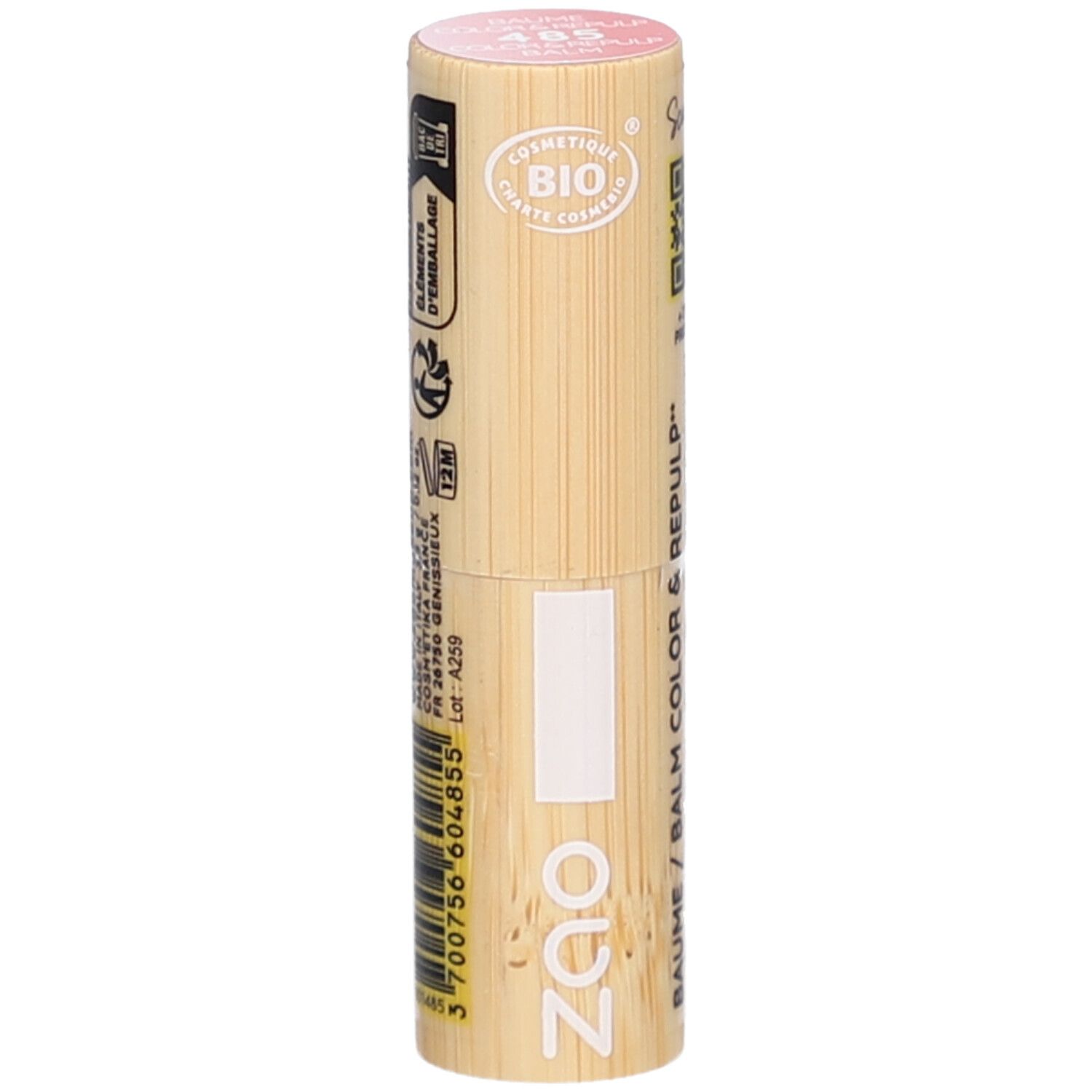 Tube de baume à lèvres cylindrique en bois. Rose en haut, avec des inscriptions. Visible : logo ZAO, COSMETIQUE BIO.