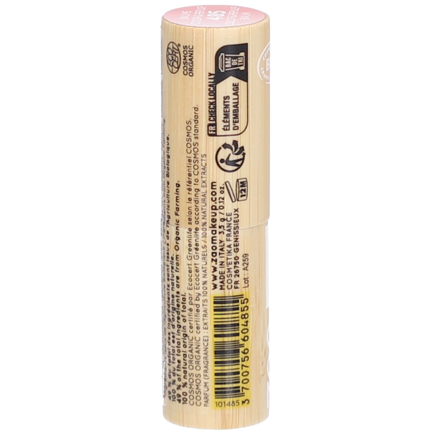 Tube de baume à lèvres cylindrique en bois. Rose en haut, avec des inscriptions. Visible : COSMOS ORGANIC, texte, code-barres.