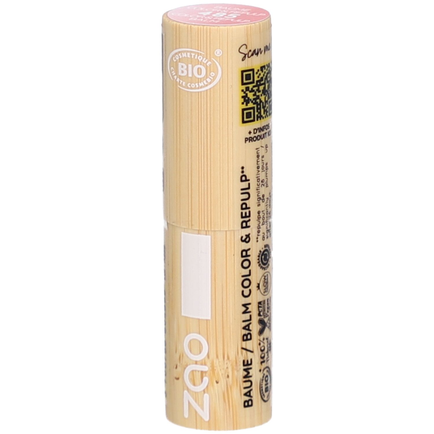 Tube de baume à lèvres cylindrique en bois. Rose en haut, avec des inscriptions. Visible : logo ZAO, BAUME / COLOR & REPULP, COSMETIQUE BIO.
