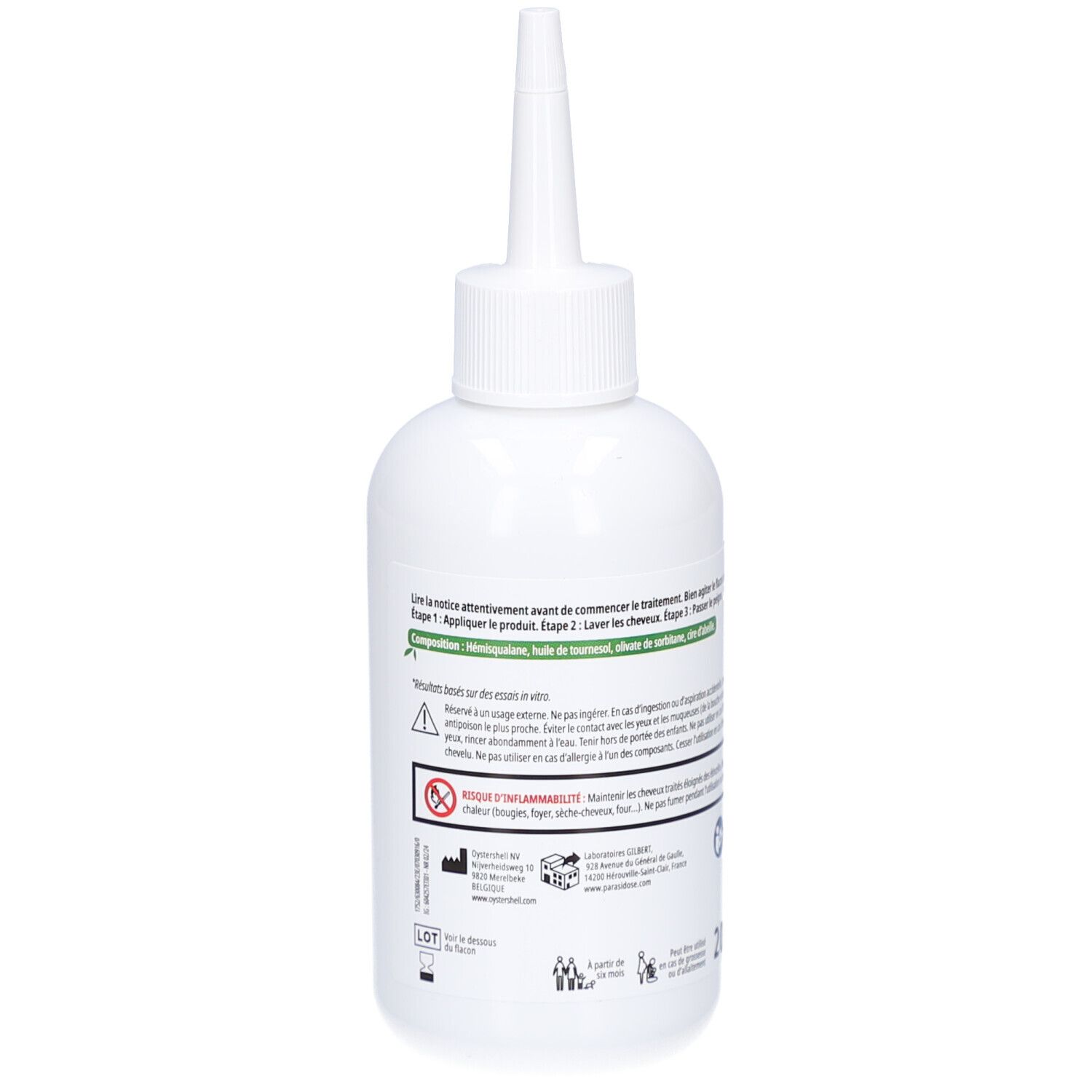 Dos d'un flacon blanc avec applicateur pointu. Texte et symboles sur l'étiquette.