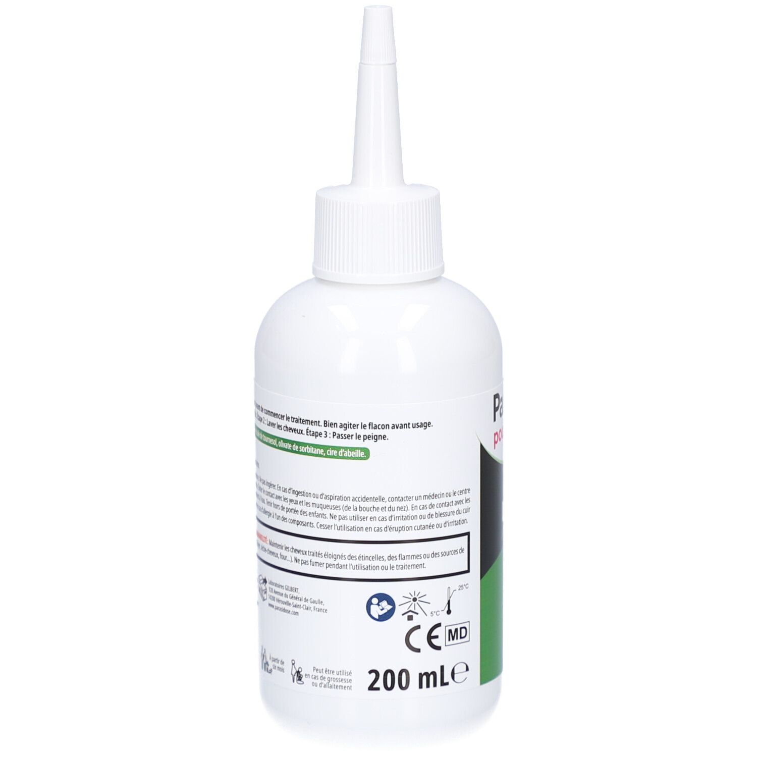 Flacon blanc avec applicateur pointu. Nom du produit, touches de vert et texte. Indication de volume et marquage CE.