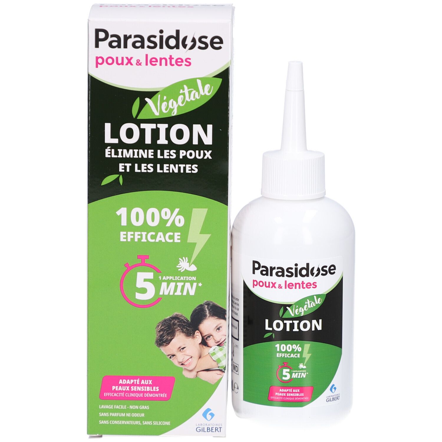 Flacon et emballage du produit. Flacon blanc avec applicateur pointu à côté d'une boîte.