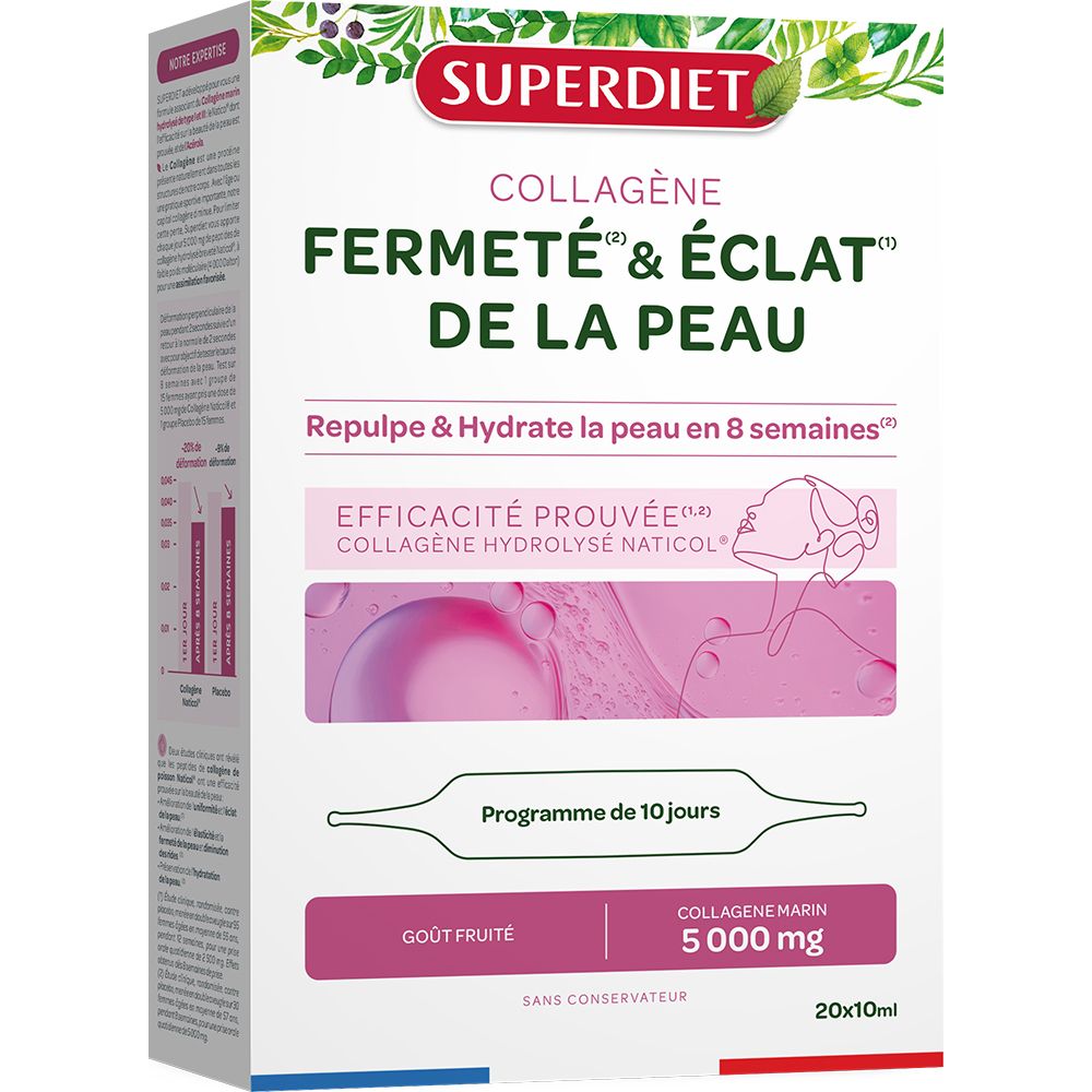 Boîte de Superdiet Collagène. Contient 20 ampoules de 10 ml. Inscription: Fermeté & Éclat de la Peau, 5000 mg de collagène marin.
