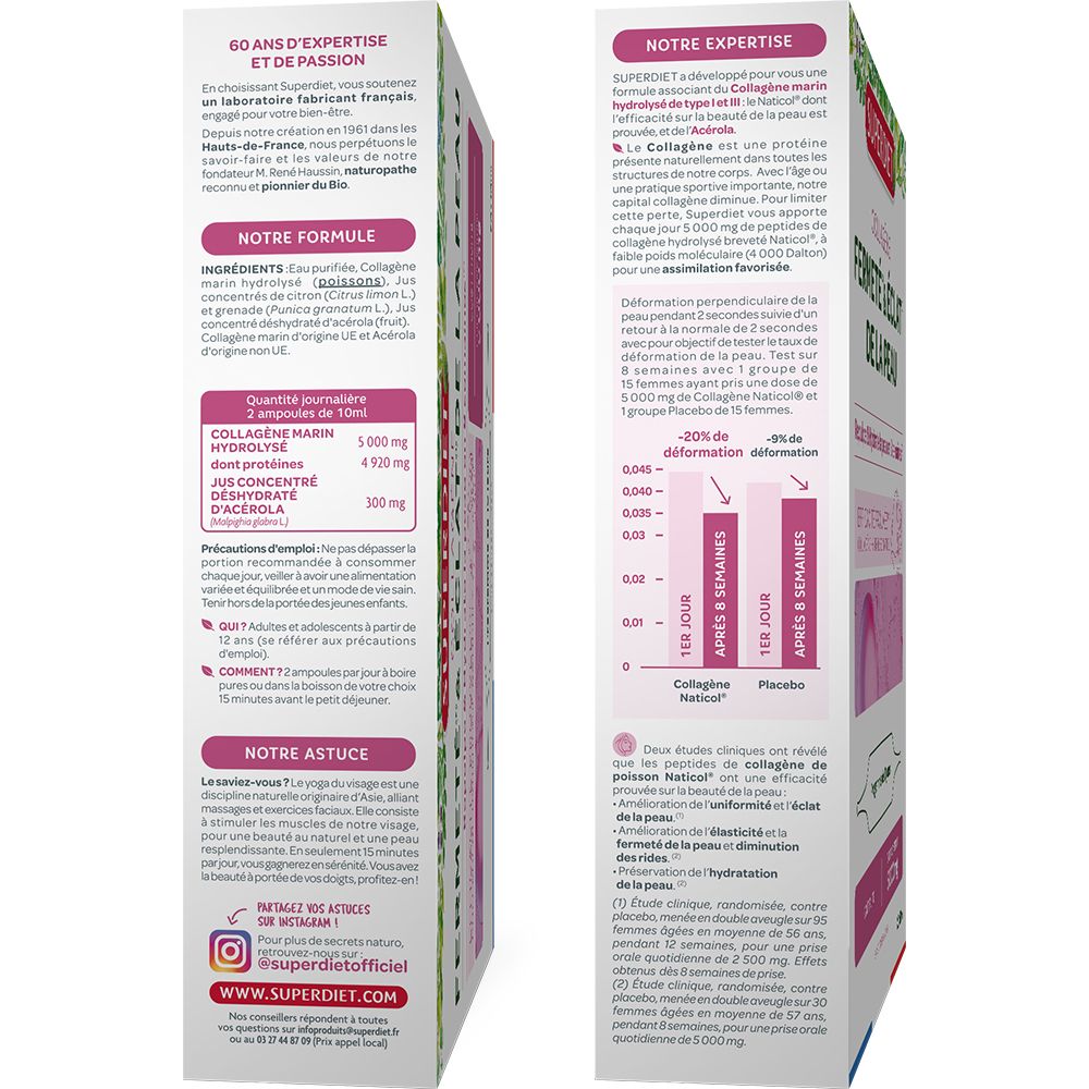 Dos de la boîte Superdiet Collagène. Informations sur les ingrédients, le dosage et les valeurs nutritionnelles. Texte en français.