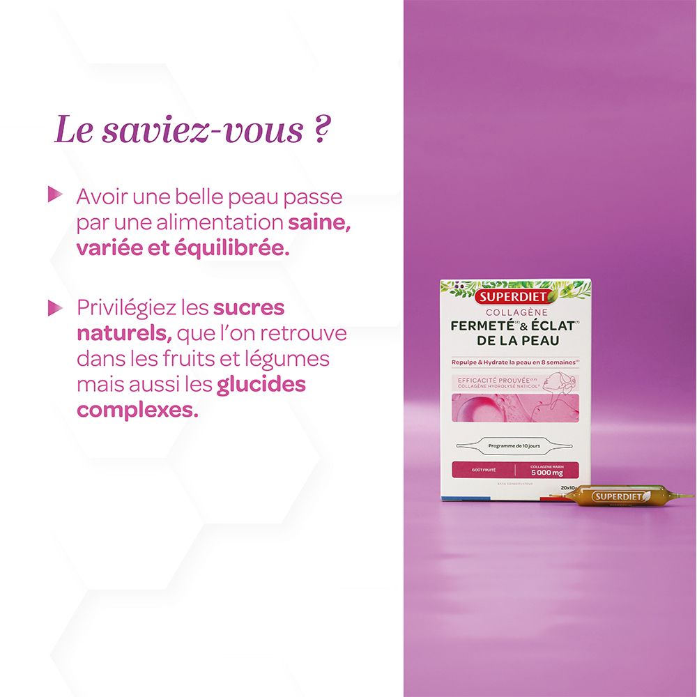 Publicité pour Superdiet Collagène. Recommandations pour une alimentation saine. Emballage du produit en arrière-plan.