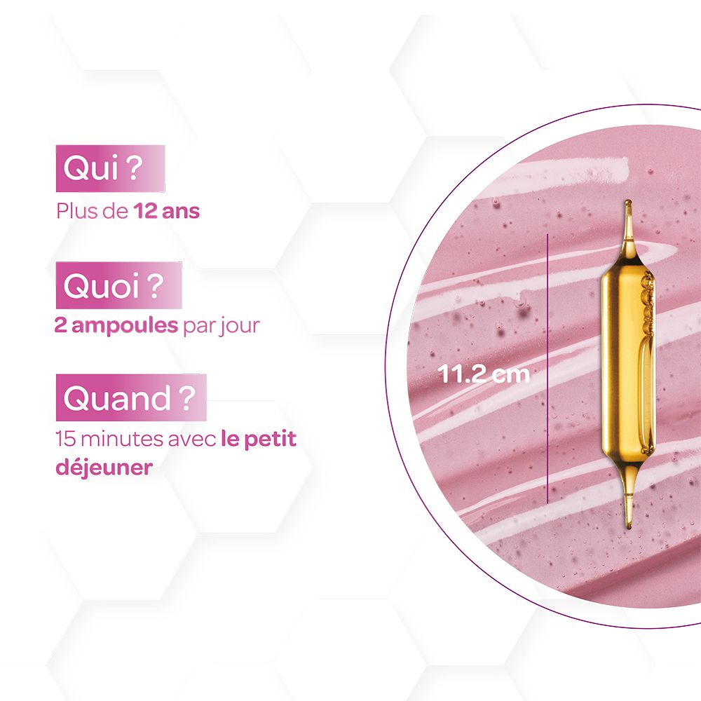 Informations sur l'utilisation de Superdiet Collagène. Pour plus de 12 ans. 2 ampoules par jour. À prendre au petit déjeuner.