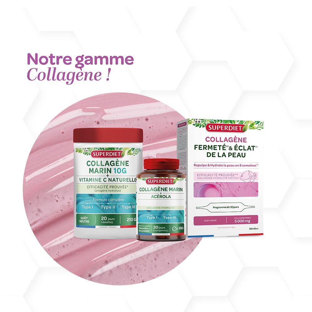Différents produits Superdiet Collagène. Une boîte de Collagène Marin 10G et une boîte de Collagène Marin Acerola.