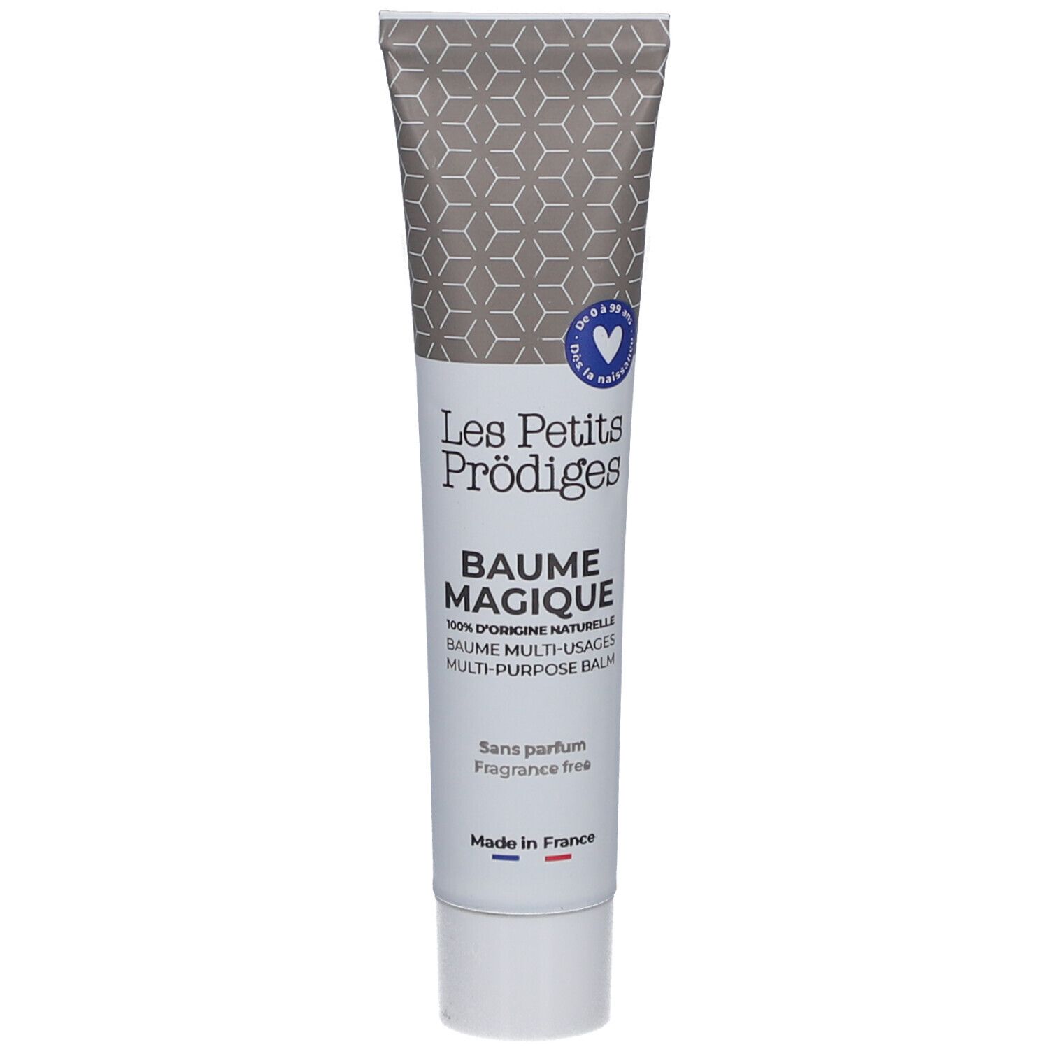 Tube blanc et gris. Texte: Baume Magique, Sans parfum, Made in France. Logo cœur bleu.