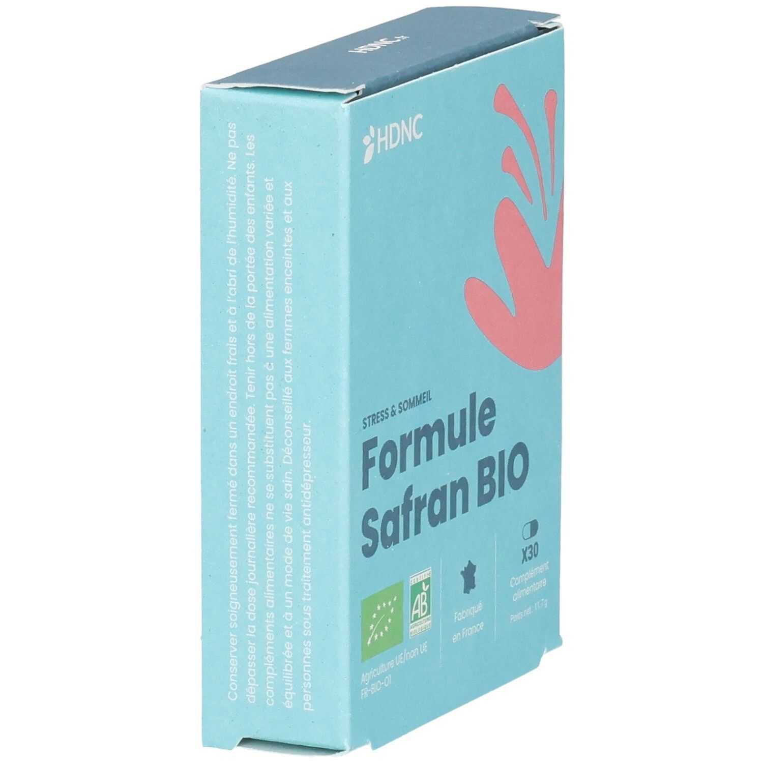 Boîte HDNC Formule Safran BIO, dos verso avec liste des ingrédients.