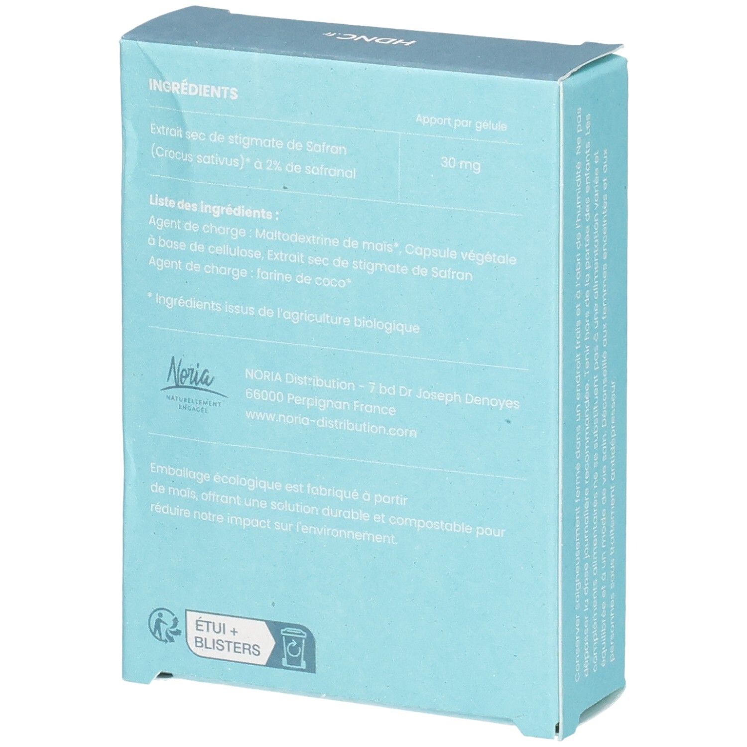 Boîte HDNC Formule Safran BIO, vue latérale avec ingrédients.