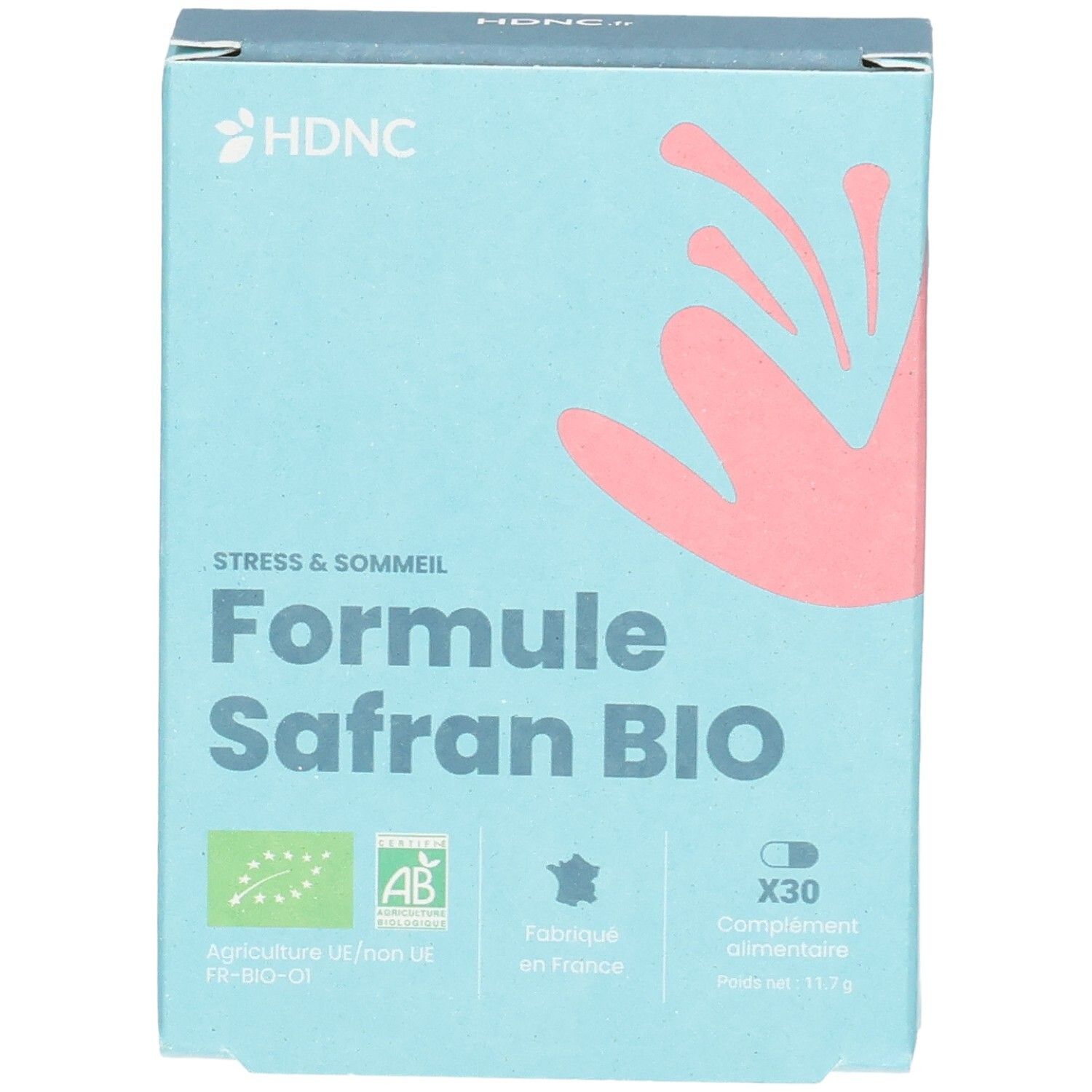 Boîte HDNC Formule Safran BIO, face avant avec label Bio.