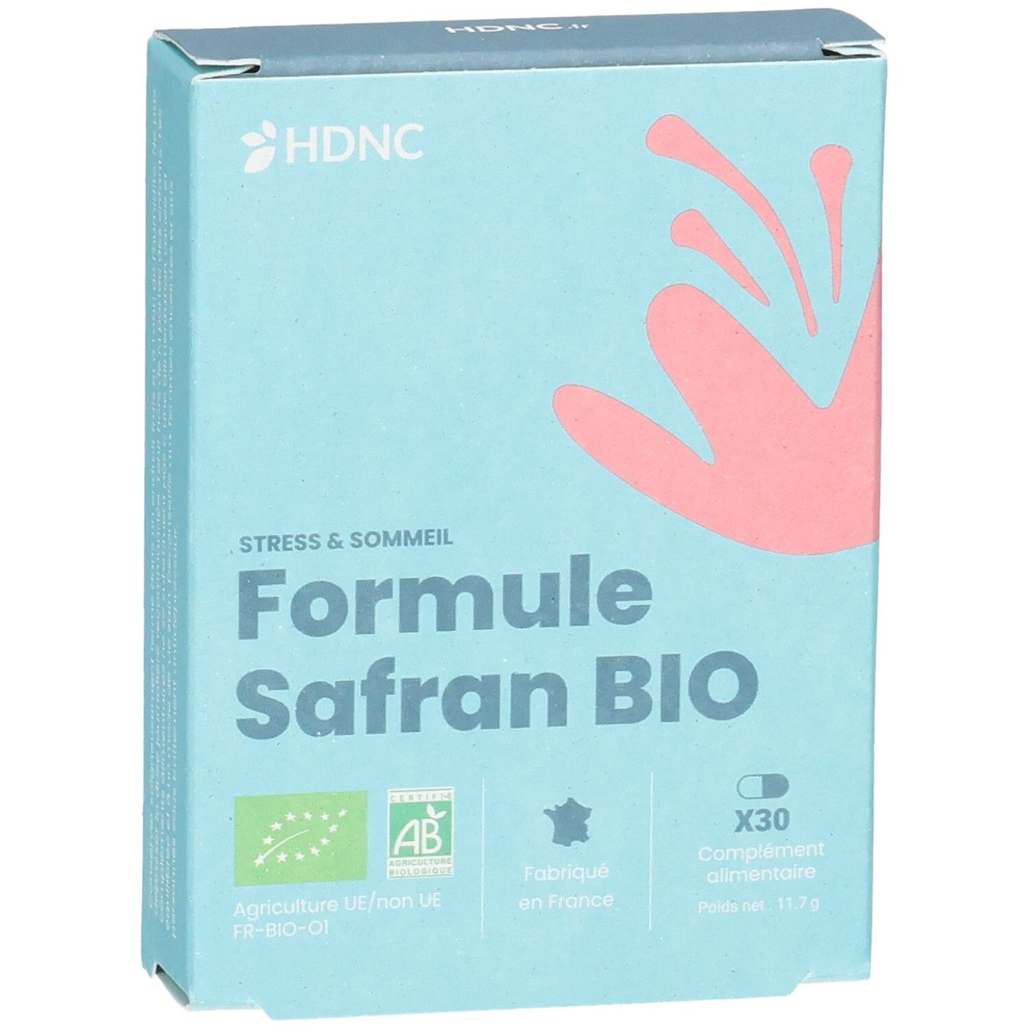 Boîte HDNC Formule Safran BIO, face avant avec label Bio.