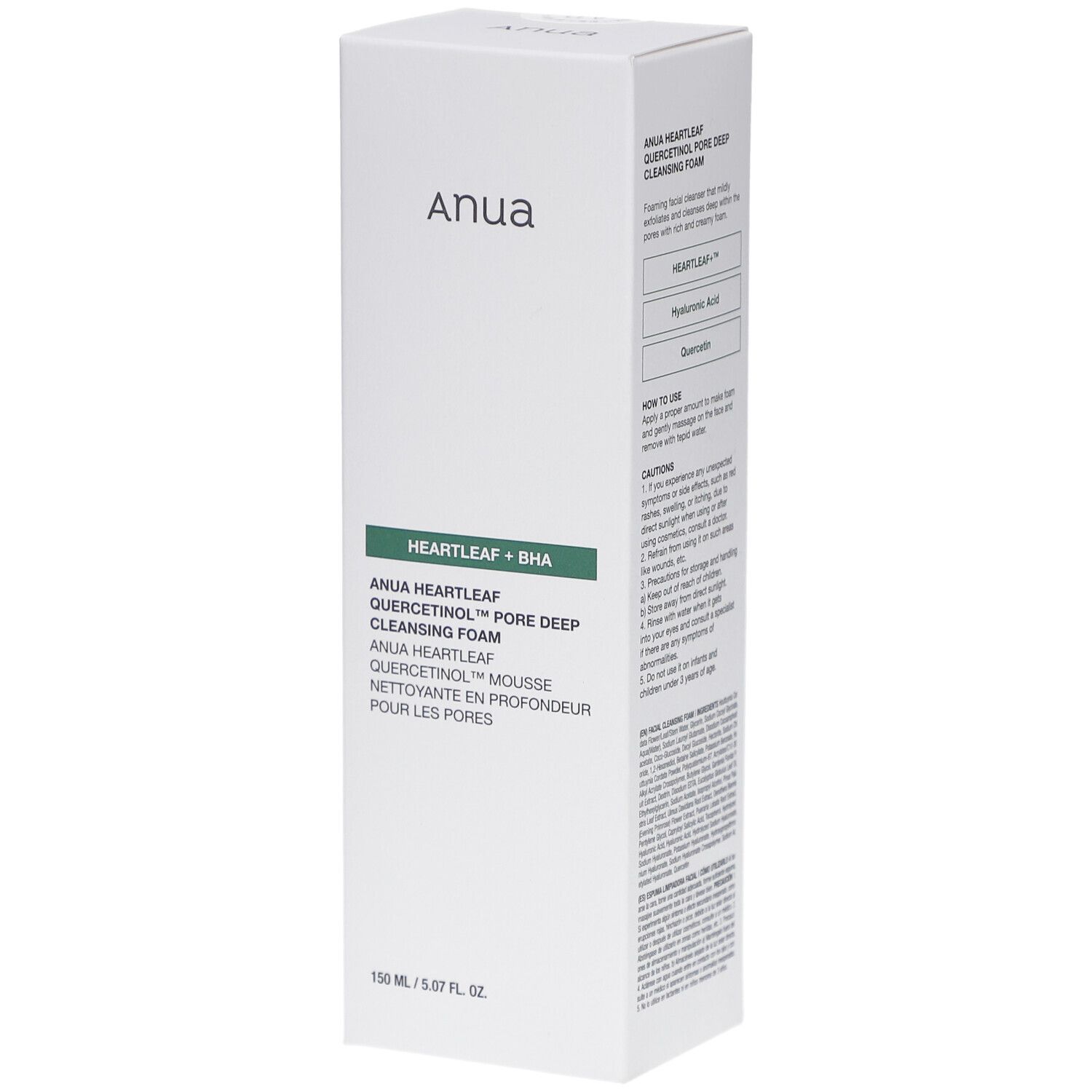 Emballage rectangulaire blanc. Inscription : Anua, Heartleaf + BHA, Quercetinol Pore Deep Cleansing Foam. Couleurs vert et blanc.