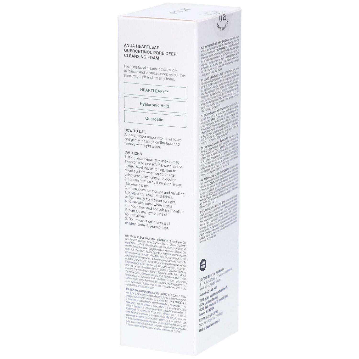 Emballage rectangulaire blanc. Inscription : Anua, Heartleaf + BHA, Quercetinol Pore Deep Cleansing Foam. Couleurs vert et blanc.
